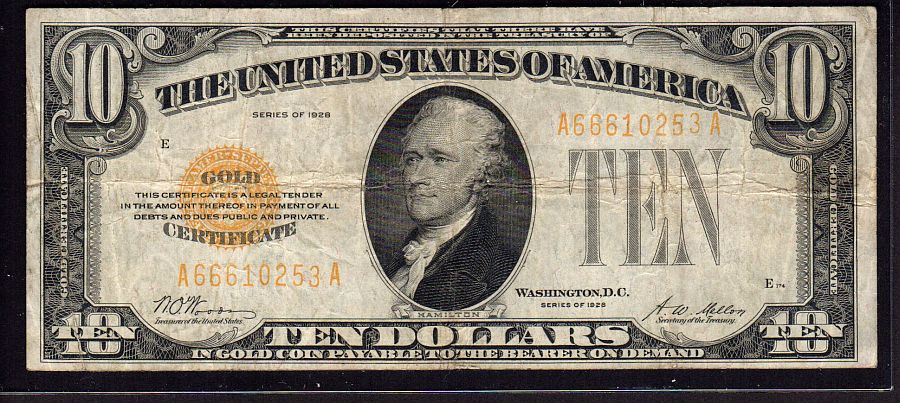 Fr.2400, 1928 $10 Gold Certificate, A66610253A, VF[20]